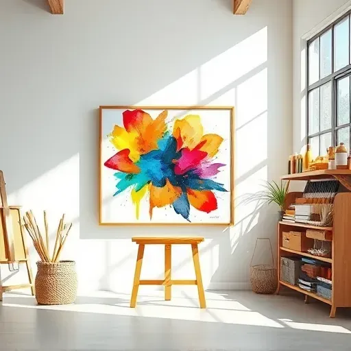 Completed painting in Firestone CO against a white wall in a bright art studio with organized supplies and natural light.