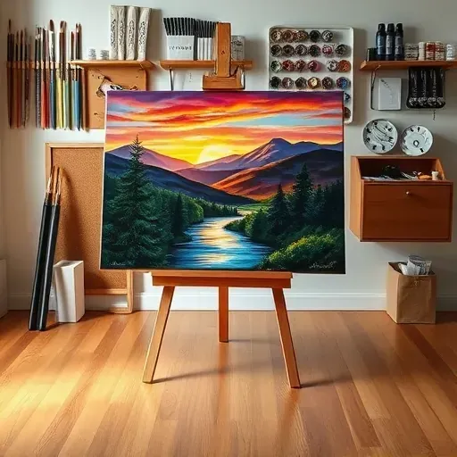 Completed painting in The Pinery CO, serene landscape with sunset, rolling hills, pine trees, and river reflection.