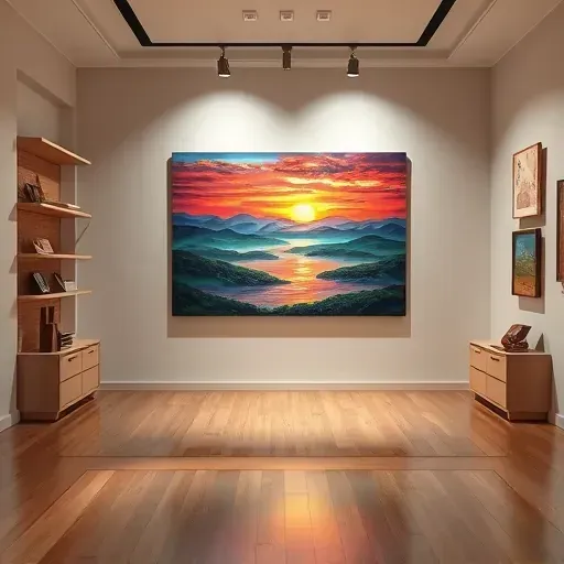 Colorful landscape painting in an elegant gallery in Aurora, CO, with soft neutral walls and polished wooden floor.