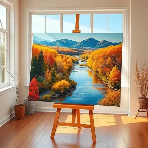 A serene autumn landscape painting in Englewood, CO, with vibrant foliage and a flowing river, displayed in a cozy studio.