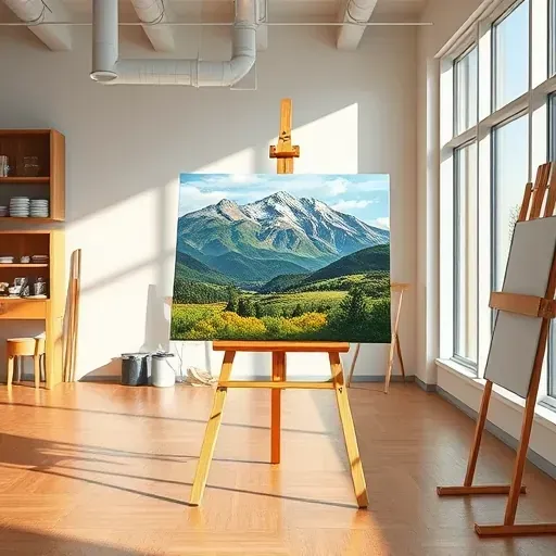 Vibrant painting on modern easel in bright Cherry Creek art studio with polished wood floors and natural light.