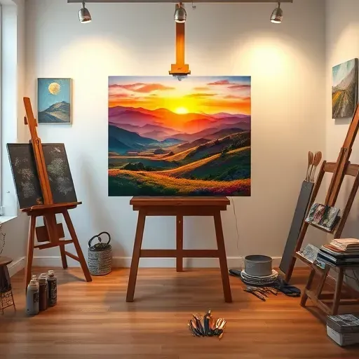 A vibrant serene landscape painting in a well-lit art studio in Lone Tree, CO, surrounded by art supplies.