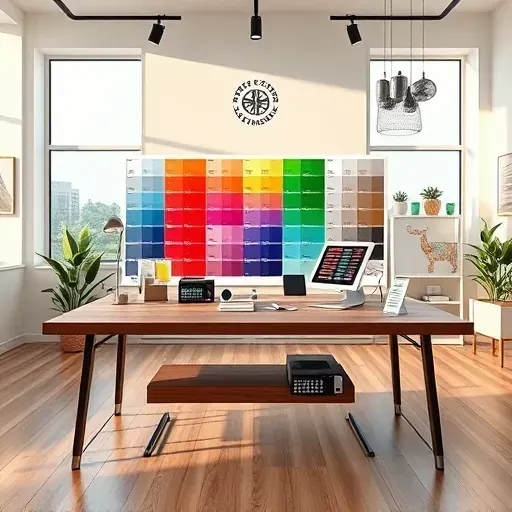 Color consulting studio in Centennial Colorado showing a modern workspace with color swatches, paint samples, digital devices, and natural light