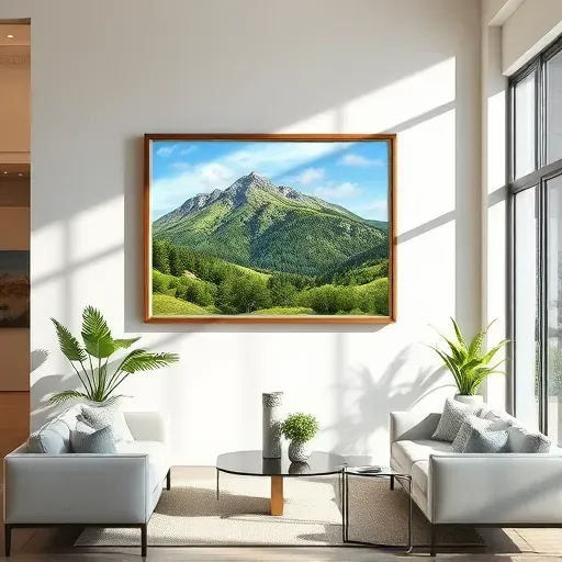 A serene mountain landscape painting framed on a light wall in a modern, tranquil Castle Pines interior.