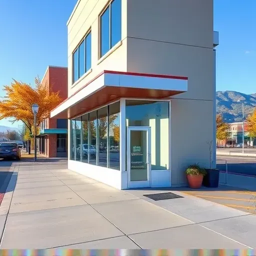 Freshly painted modern commercial building in Centennial Colorado with glass windows, outdoor seating, trees, and mountain backdrop
