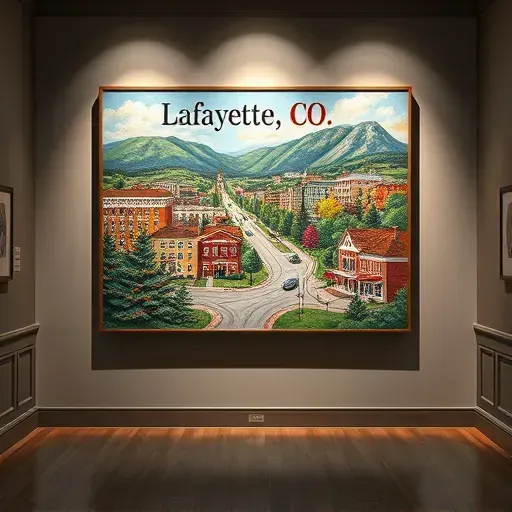 Painting of Lafayette, CO with vibrant colors, local landmarks, and a sophisticated gallery setting for admiration.