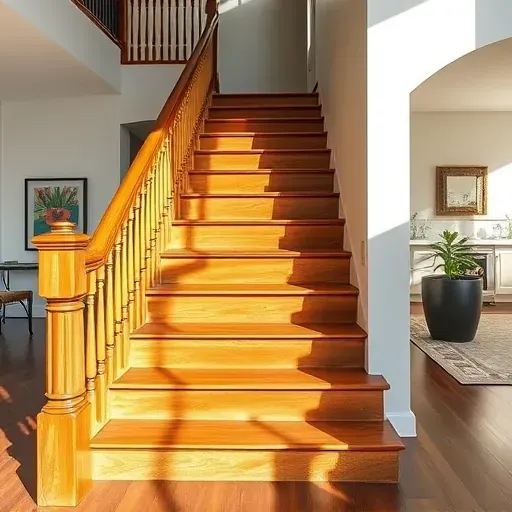 Finished staircase painting with polished wood steps, elegant handrails, and detailed craftsmanship in a modern interior