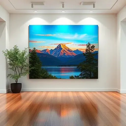 Painting of mountain landscape at sunset in gallery, vibrant colors, lush trees, polished floors, inviting atmosphere.