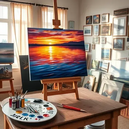 Painting of a serene sunset over Bow Mar waters with vibrant colors, displayed on an easel among art supplies.