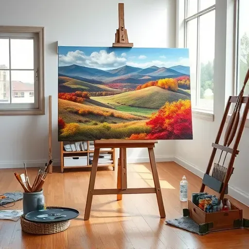 Completed painting of Sheridan CO landscape on easel in professional studio with natural light and art supplies.