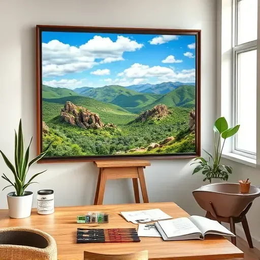 Painting of Highlands Ranch mountain landscapes with vibrant colors, elegant frame, and artistic ambiance in a cozy interior.