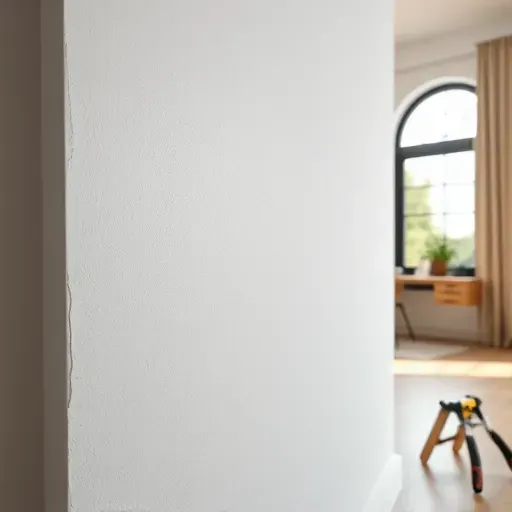 Close-up of a pristine drywall repair with smooth joint lines, freshly painted walls, natural light, and a clean modern workspace