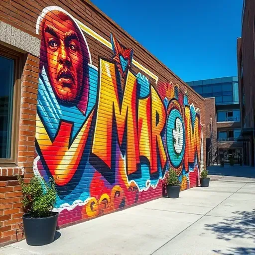 Vibrant detailed mural on brick wall in Centennial Colorado with bright daylight, greenery, and modern surroundings