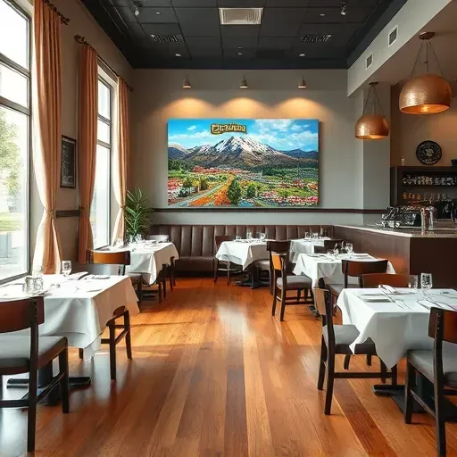 Beautiful restaurant interior in Centennial Colorado featuring a centerpiece painting of scenic mountains and vibrant community life