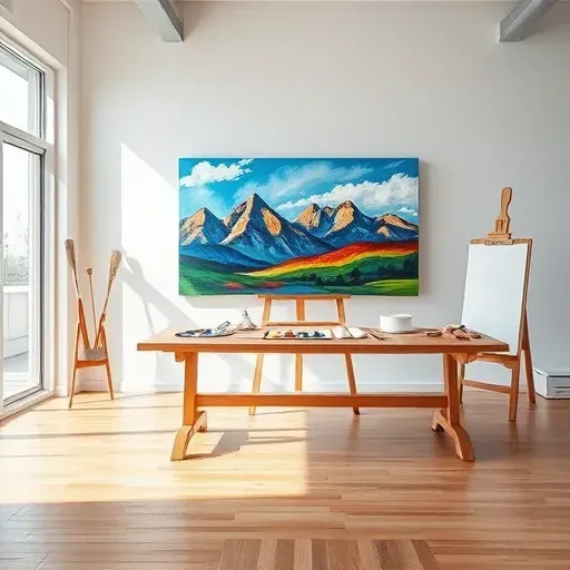 Vibrant abstract landscape painting in a well-lit Lone Tree CO art studio with wooden floors and natural light.