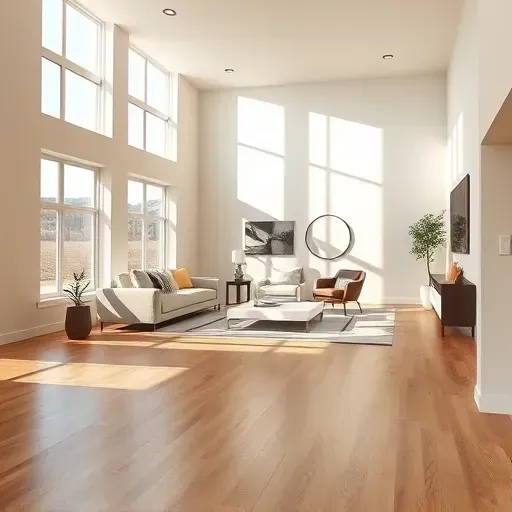 Modern living room in Centennial CO with neutral walls, hardwood floors, natural light, and sleek minimalist decor.