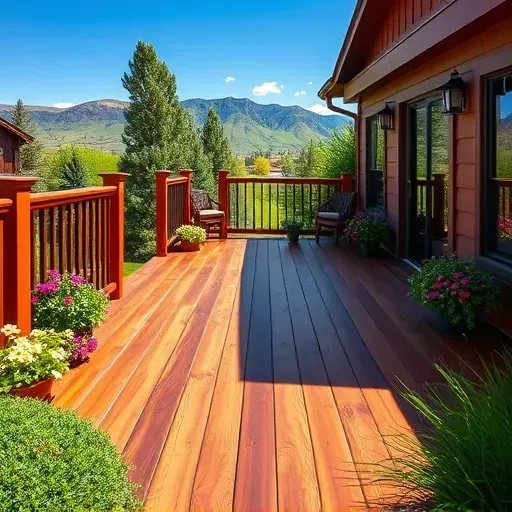 Professionally stained wooden deck in Centennial Colorado with lush landscaping and scenic mountain views