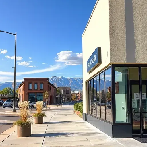 Colorful commercial building in Centennial Colorado with modern facade, large windows, landscaping, and mountain view