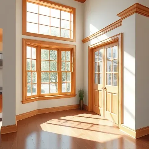 Finished interior wood trim painting in Centennial Colorado highlighting detailed window and door trims, baseboards, crown molding, natural lighting, hardwood floor, modern decor, and professional craftsmanship