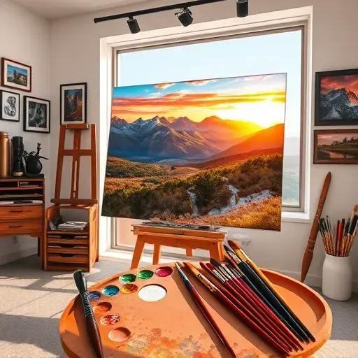 Painting of Rocky Mountains at sunset in Littleton CO with palette and brushes, set in a serene studio.