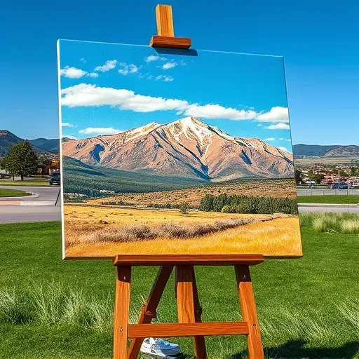 A completed painting displayed against a serene backdrop in Centennial, Colorado, showcasing vibrant colors and details.