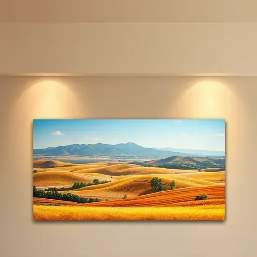 Painting of Wheat Ridge CO landscape with rolling hills, golden wheat, blue sky, and mountains in warm afternoon light.