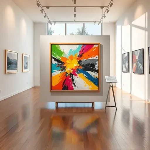 Painting in a modern gallery with vibrant colors, polished hardwood floor, and natural light filtering through tall windows.