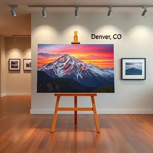 Painting of vibrant Rocky Mountains at sunset, displayed on an easel in a modern Denver art gallery with minimalist decor.