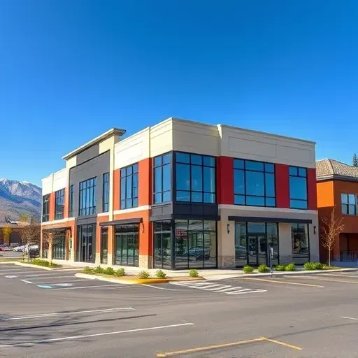 Freshly painted multi-tenant building in Centennial Colorado with modern architecture, large windows, landscaped greenery, and mountain background