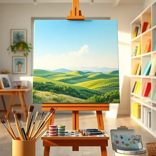 Completed painting on an easel in a bright art studio in Wheat Ridge, CO, showcasing serene landscape and art supplies.