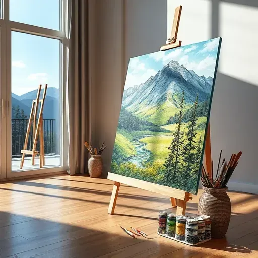 A completed painting in Erie CO showcases vibrant brush strokes of a Rockies landscape in a refined art studio.