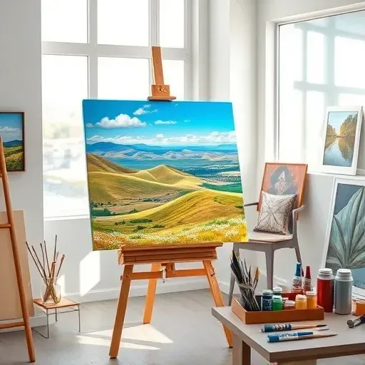 Completed vibrant landscape painting in modern art studio in Superior CO with organized supplies and soft natural light.