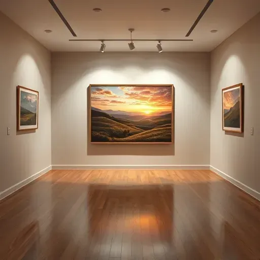 Painting of a serene landscape with rolling hills and a sunset displayed in a professional gallery in Sheridan, CO.