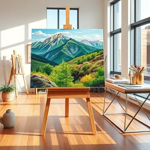 Completed painting in Westminster CO with Rocky Mountains and greenery, showcased in a bright modern art studio.