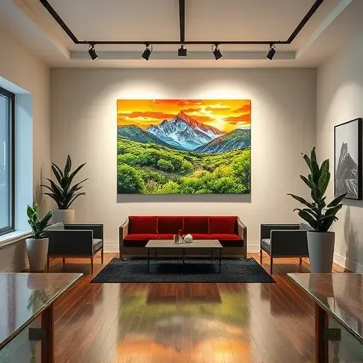 Painting of Rocky Mountains at sunset in elegant Greenwood Village gallery with minimal furnishings and decor.