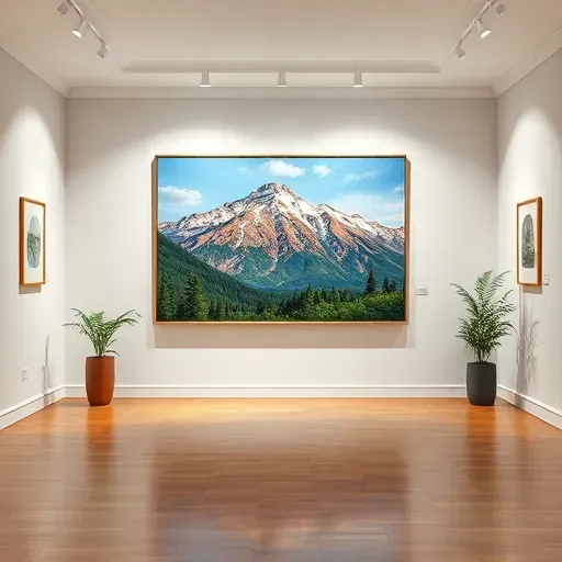 Completed painting of Rocky Mountains in spacious Denver gallery with soft lighting and minimalistic decor.