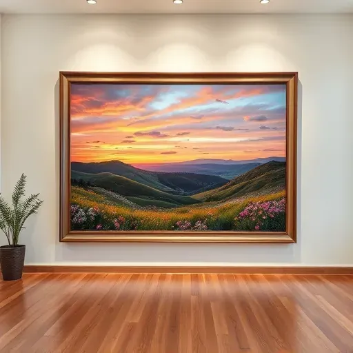 Completed landscape painting in Lafayette CO featuring vibrant wildflowers and a serene sunset in a sophisticated gallery setting.