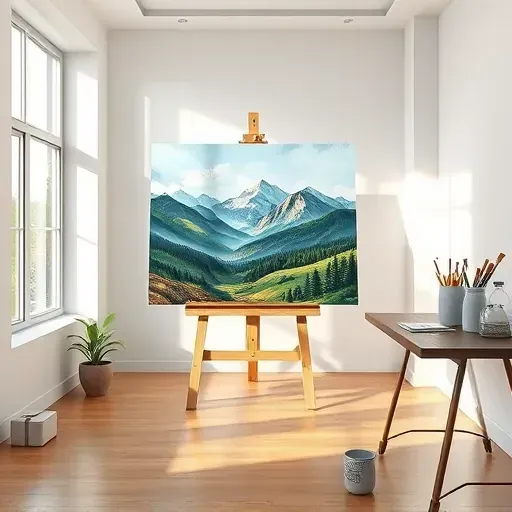 Vibrant landscape painting in a minimalistic Ken Caryl art studio with natural light and organized art supplies.