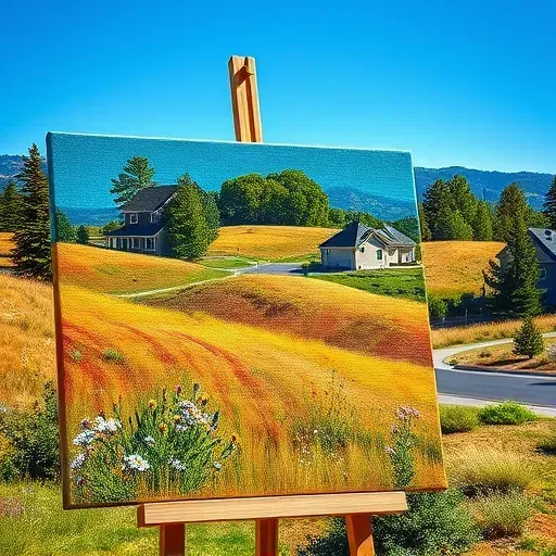 Completed painting of Erie CO's vibrant landscapes with wildflowers, modern homes, and lush greenery under a blue sky.