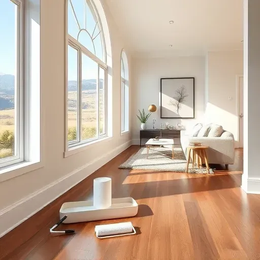 Freshly painted interior in Centennial, CO, featuring soft wall hues, elegant crown molding, and mountain views.