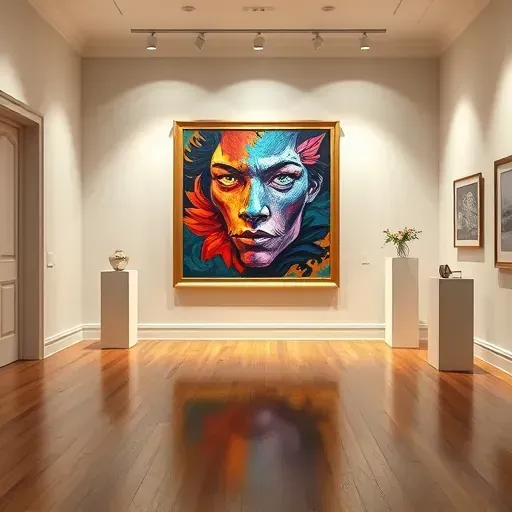 A completed painting in an elegant gallery with vibrant colors, soft lighting, and minimalist decor creating a serene atmosphere.