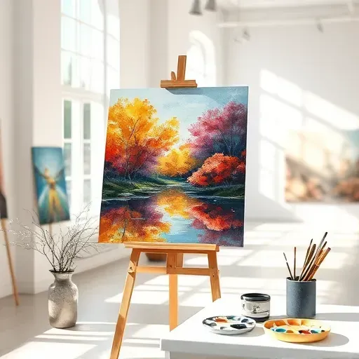 Completed painting by a local artist in Westminster, CO displayed on an easel in a sunlit gallery with vibrant colors.