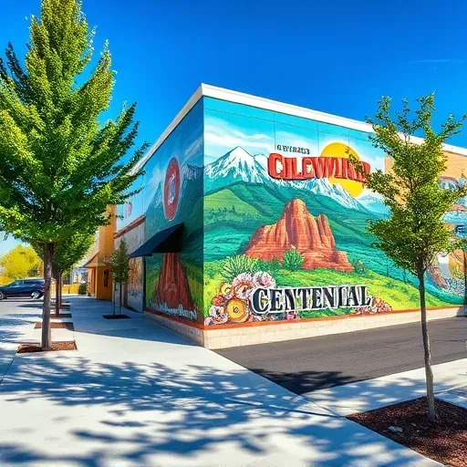 Colorful Colorado mural with mountain views, lush greenery, and local motifs on a Centennial commercial building.