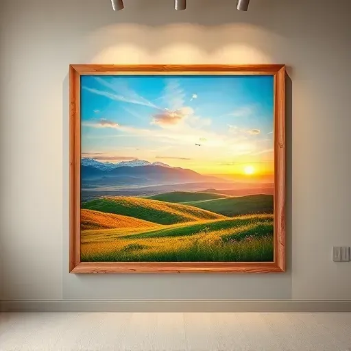 Painting of serene Highlands Ranch landscape with rolling hills, sunset sky, and wildflowers in a gallery setting.
