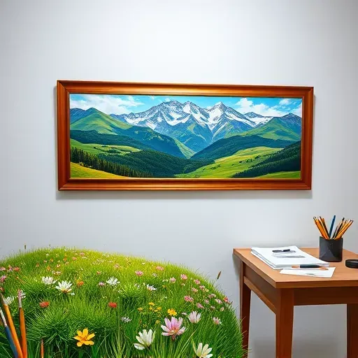 Painting of Rocky Mountains with a vibrant meadow and wildflowers, elegant frame in a chic art studio setting.