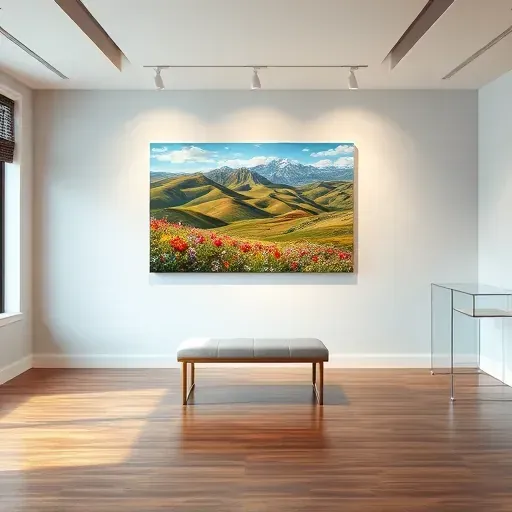 Painting in sophisticated Lone Tree gallery, vibrant Colorado landscape with wildflowers, modern design and warm lighting.