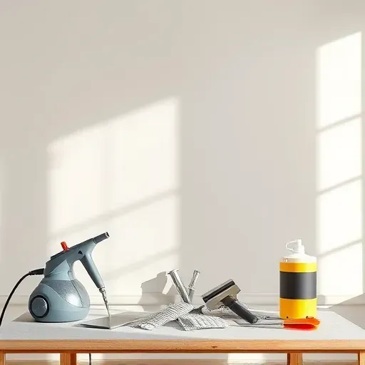 Professional wallpaper removal scene in Centennial Colorado with tools, clean drywall, and bright natural lighting.