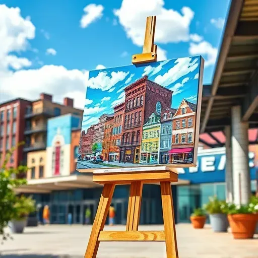 Completed painting in Commerce City CO shows urban landscape, vibrant architecture, blue skies, and easel in sunlit setting.
