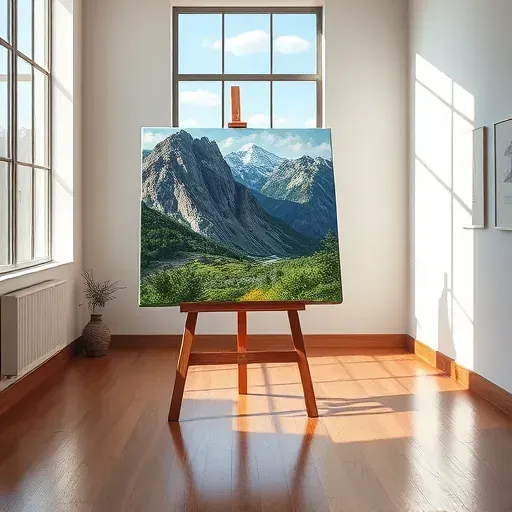 Beautiful painting of a mountain landscape in a gallery in Morrison CO, elegant decor, and natural light enhance the scene.