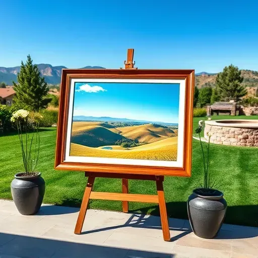 Completed painting on easel in picturesque Lone Tree CO, showcasing vibrant nature, serene hills, and elegant framing.